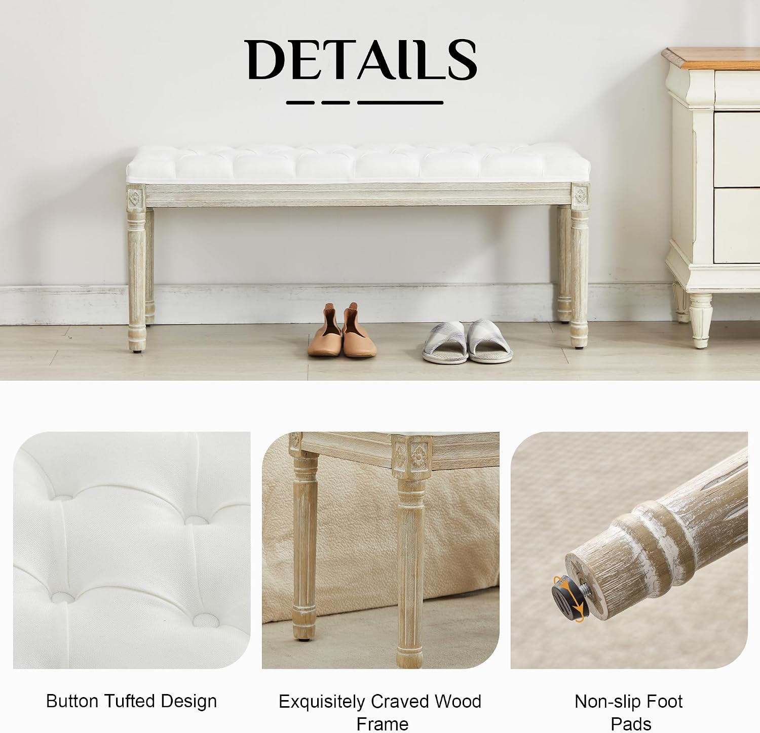 White Linen Tufted Storage Bench