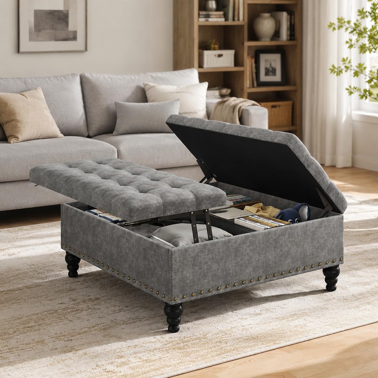 Gray Tufted Lift Top Storage Ottoman