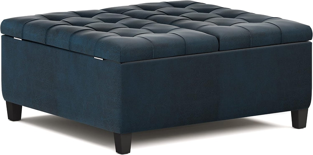 Dark Blue Leather Lift Top Storage Ottoman