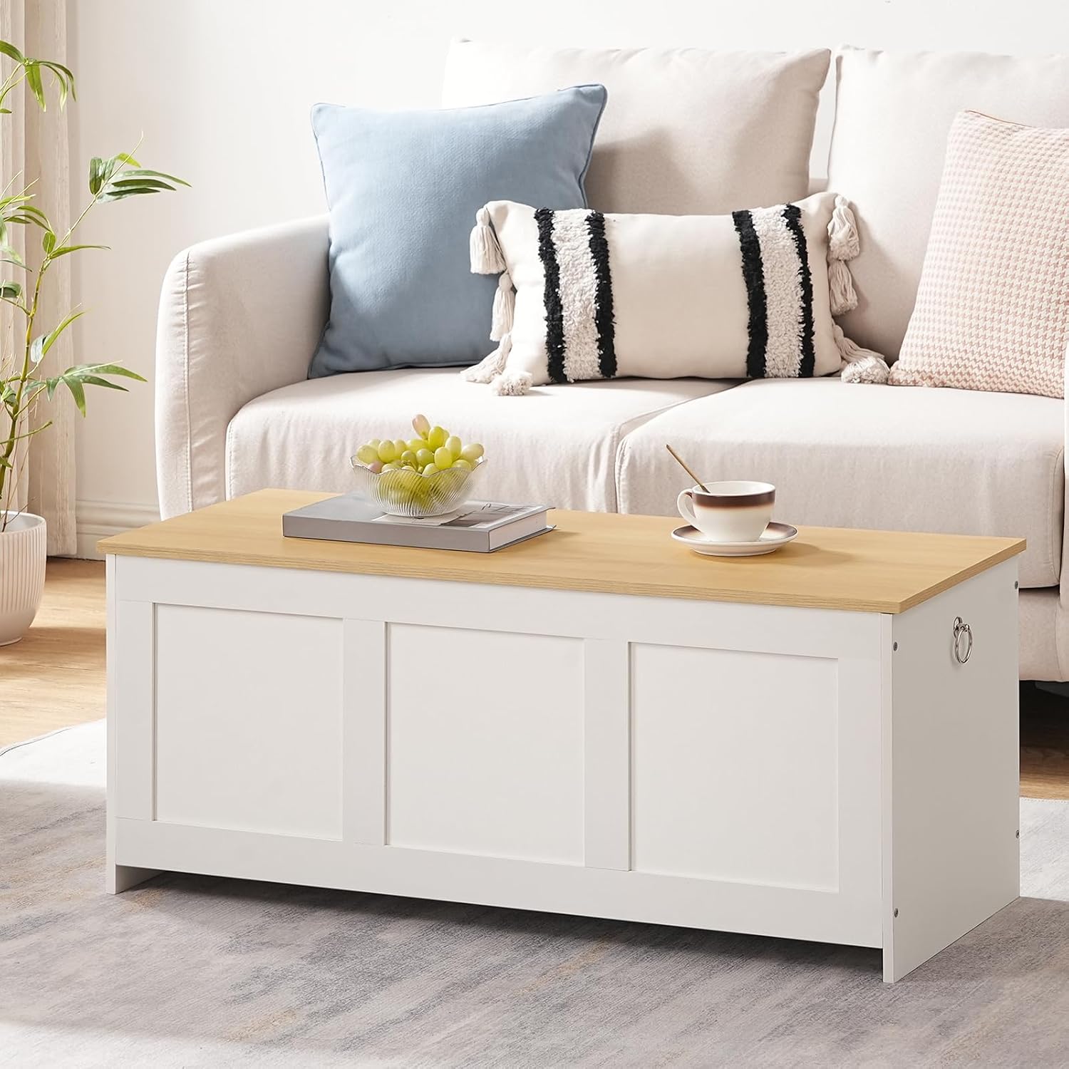 White Natural Lift Top Retro Wooden Storage Bench