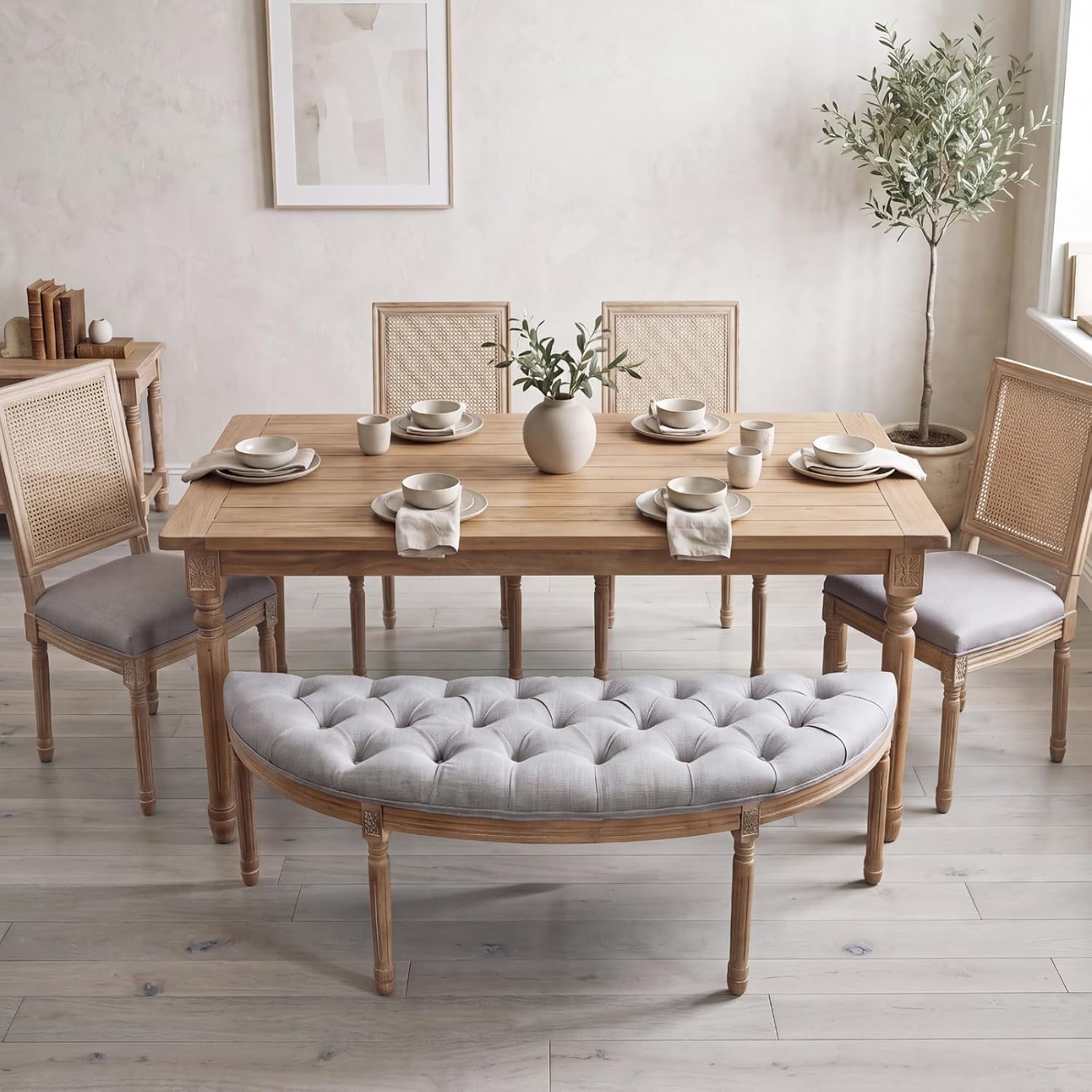 Light Grey Linen Halfmoon Tufted Bench