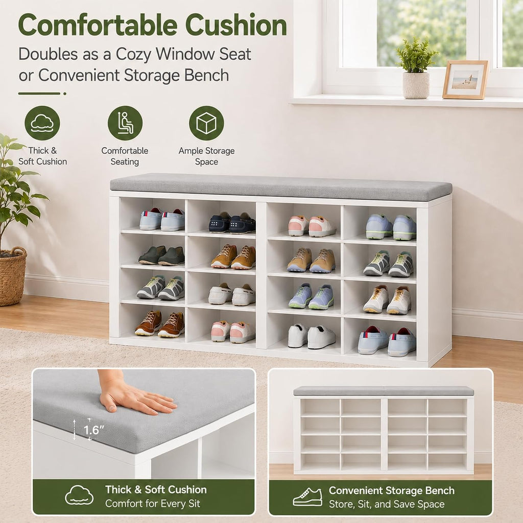 Cushioned 16 Cubby Shoe Storage Bench