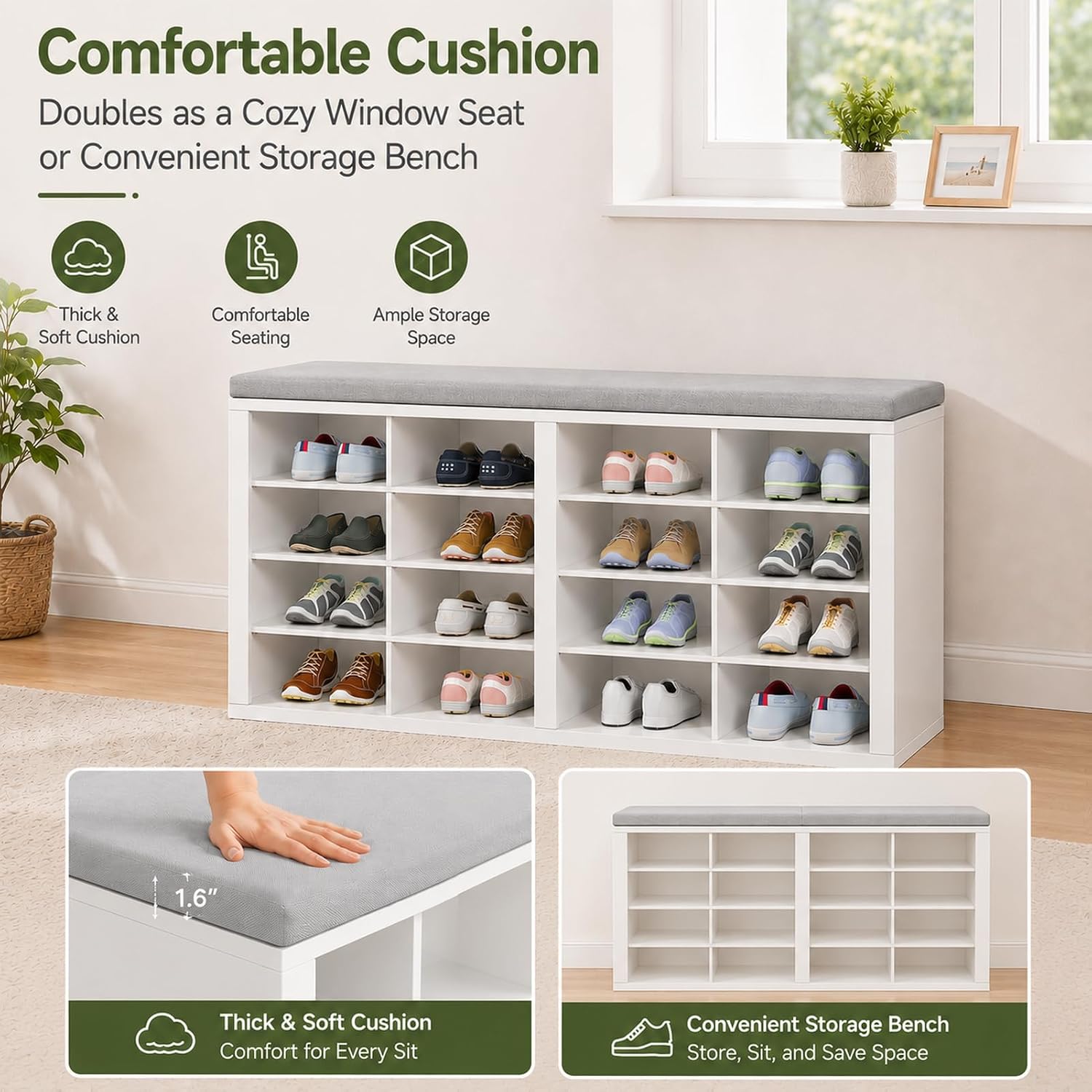 Cushioned 16 Cubby Shoe Storage Bench