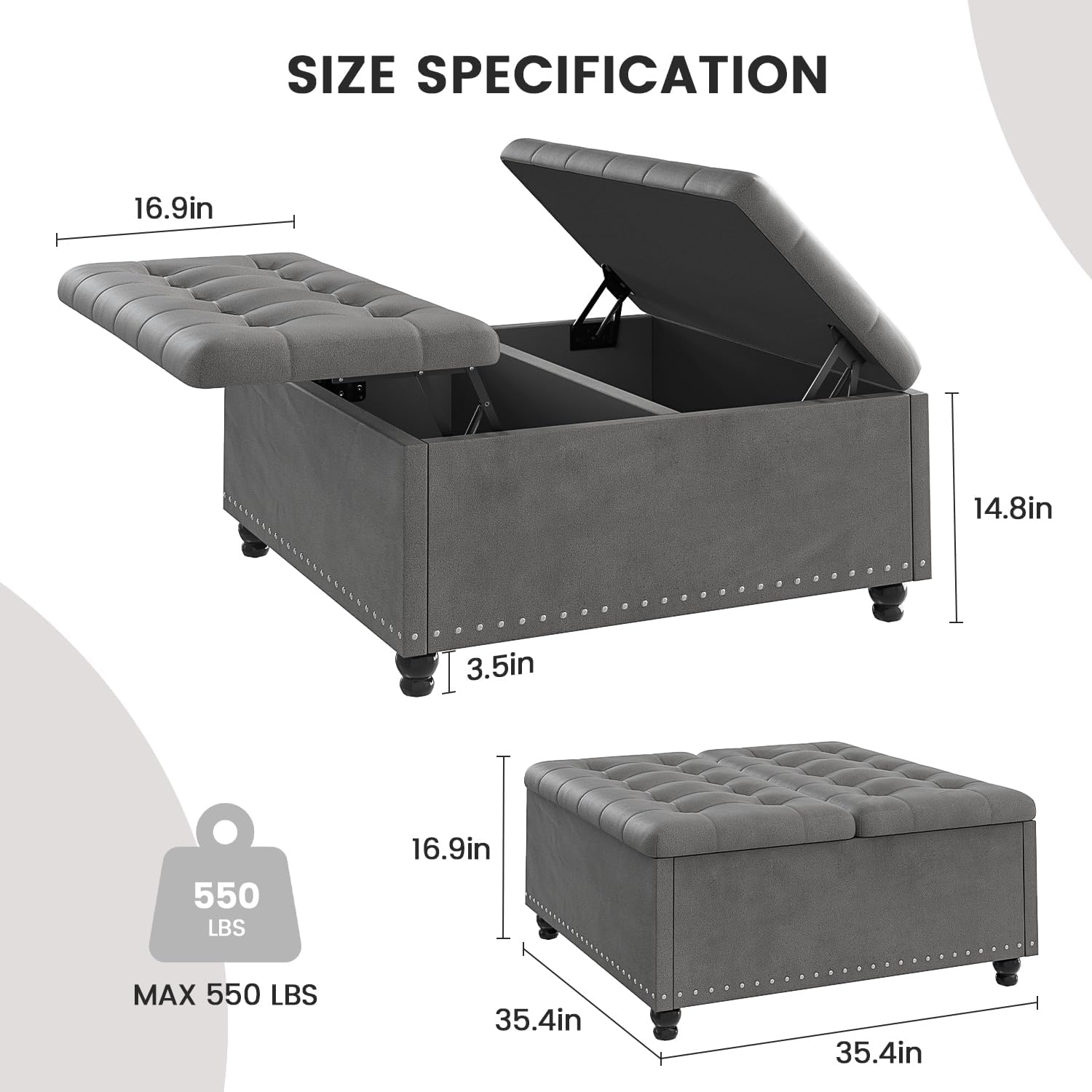 Gray Tufted Lift Top Storage Ottoman