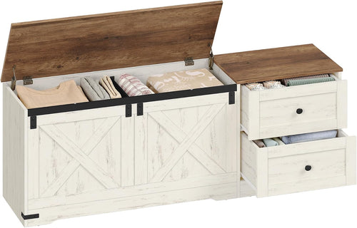 Antique White Barn Door Drawer Storage Bench