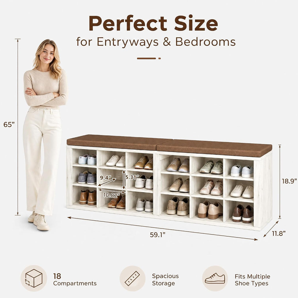 White Brown Linen 18 Cubby Cushioned Shoe Bench