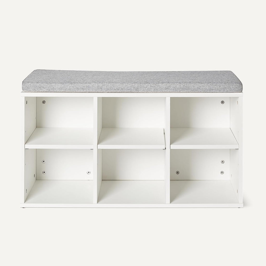White Cushioned 6 Cubby Shoe Bench