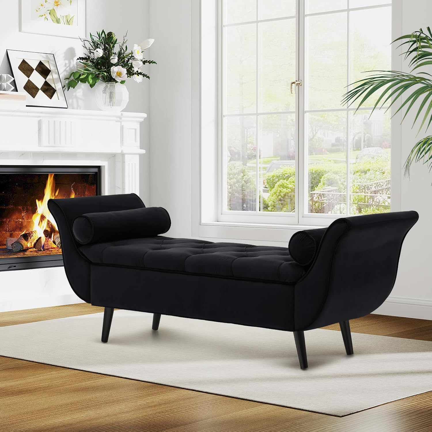 Black Tufted Velvet Arm Storage Bench