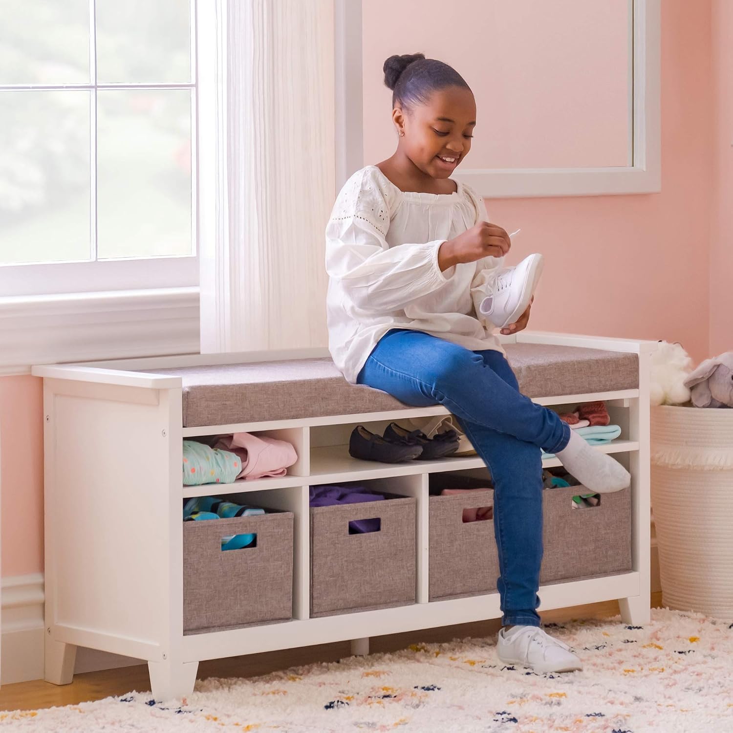 White Linen Bin Kids Storage Bench
