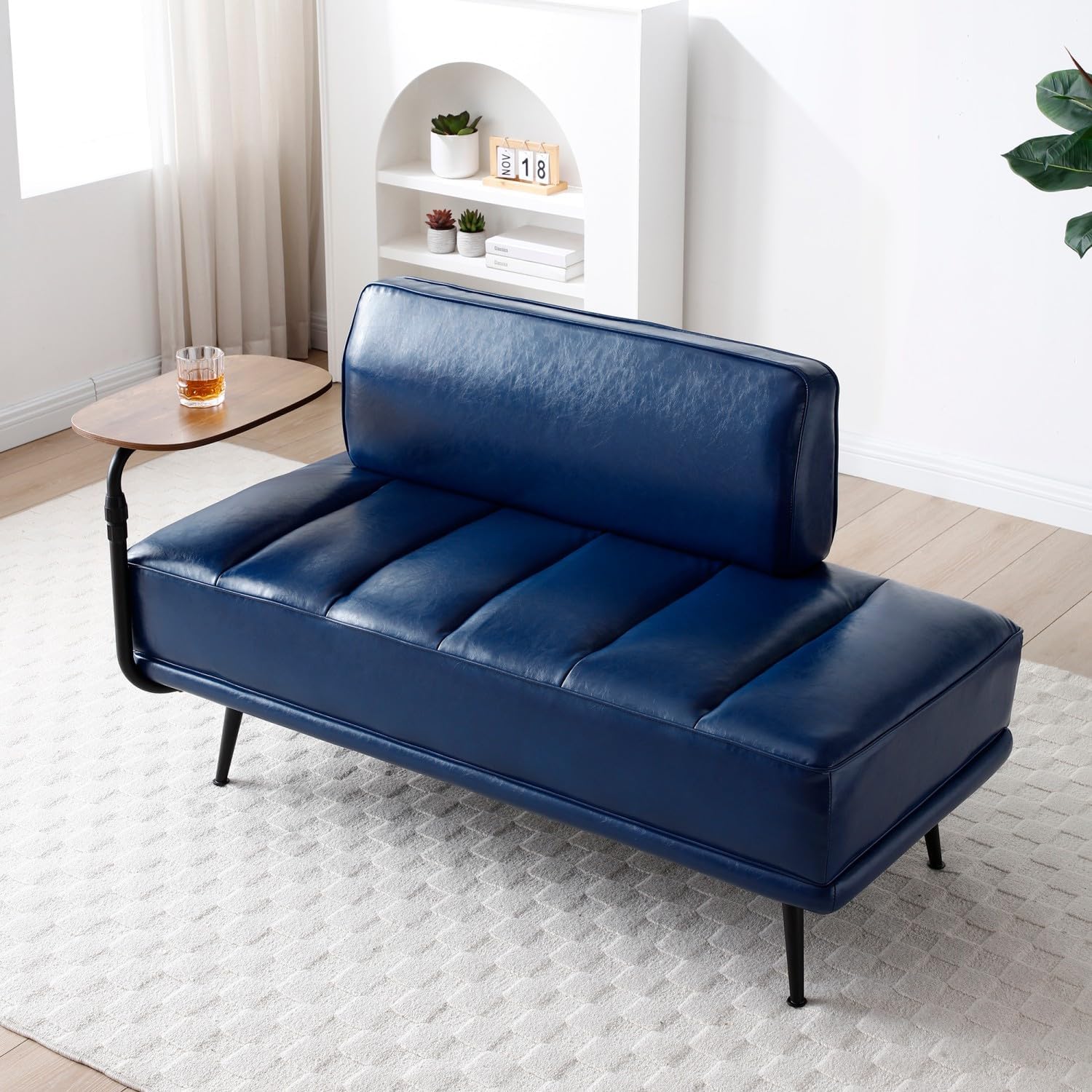 Navy Leather Swivel Tray Loveseat Bench