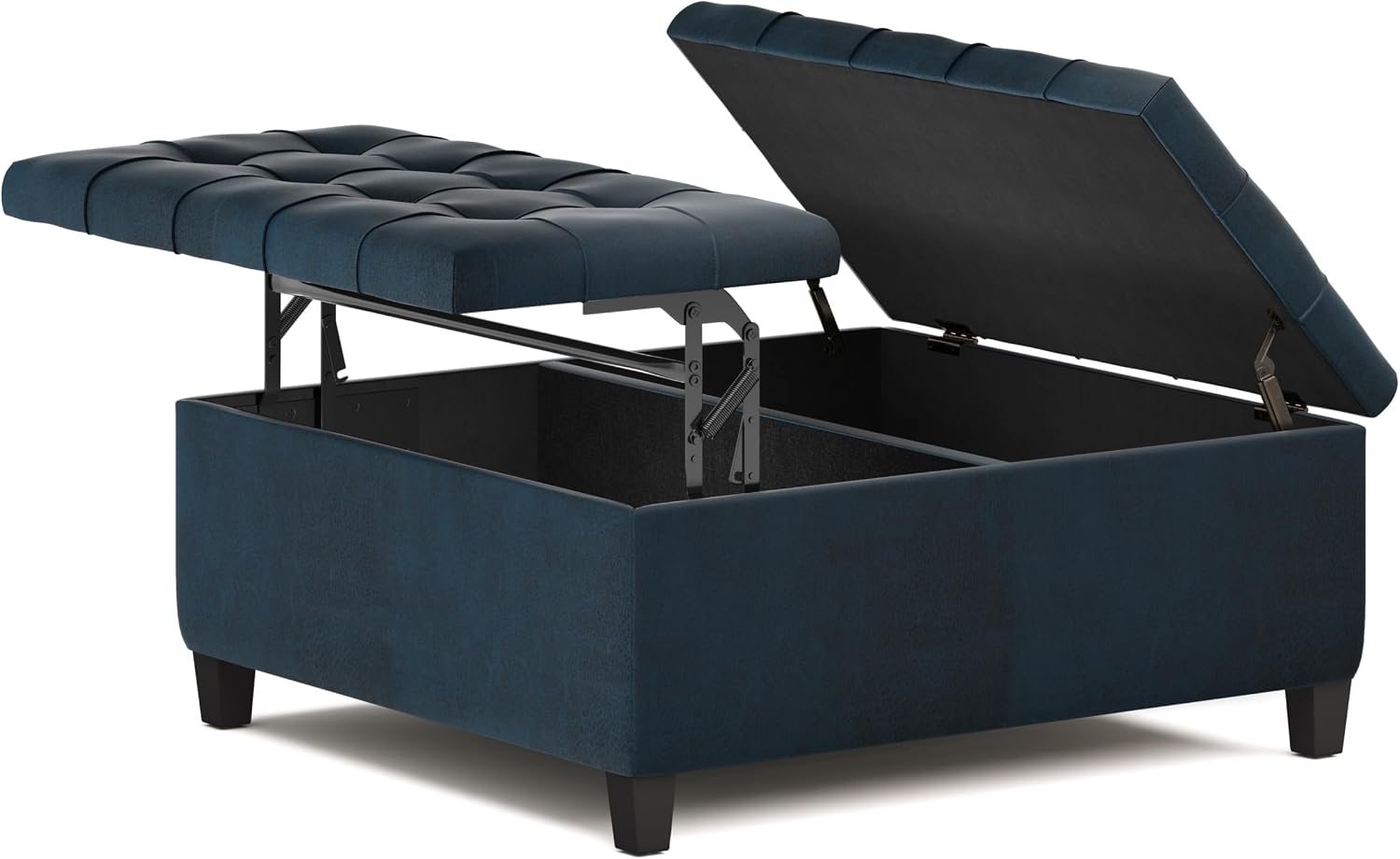Dark Blue Leather Lift Top Storage Ottoman