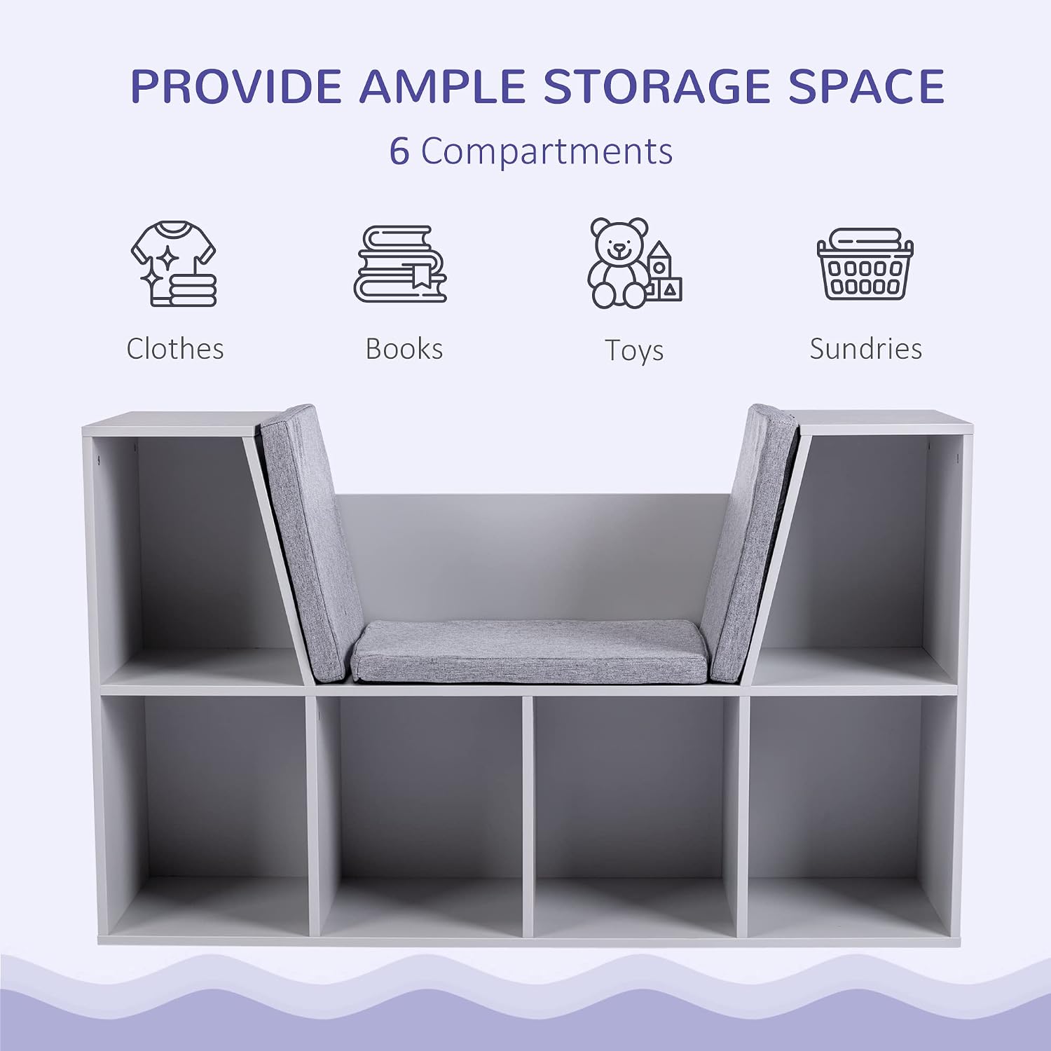 Grey Cushioned 6 Cubby Kids Bookcase