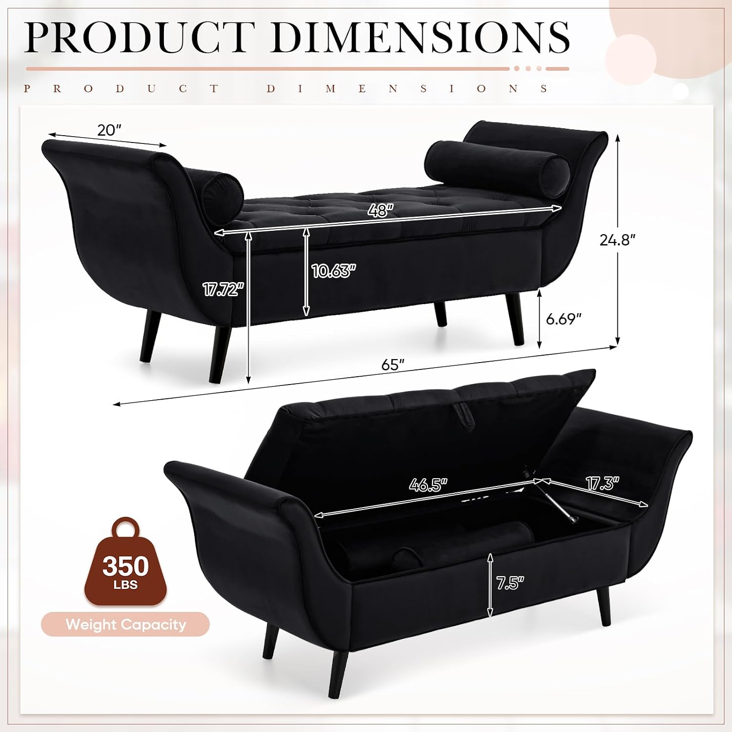 Black Tufted Velvet Arm Storage Bench