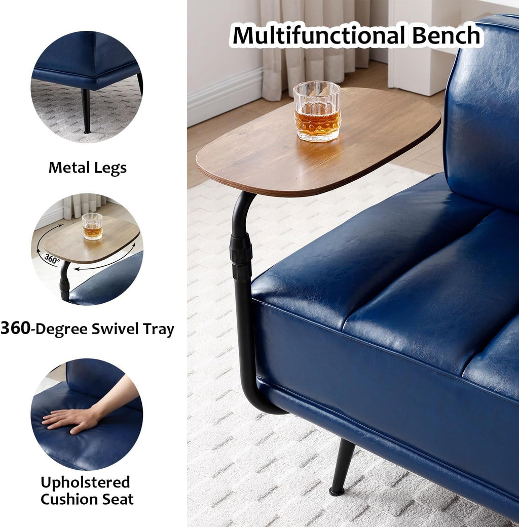 Navy Leather Swivel Tray Loveseat Bench