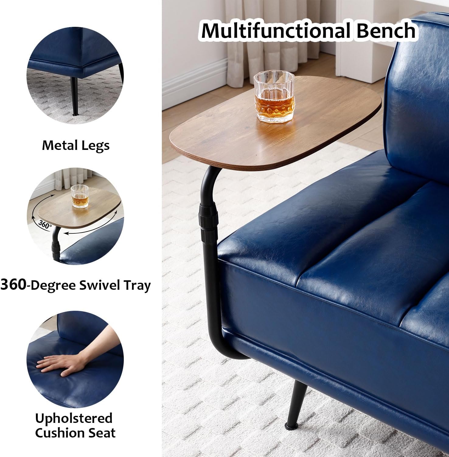Navy Leather Swivel Tray Loveseat Bench