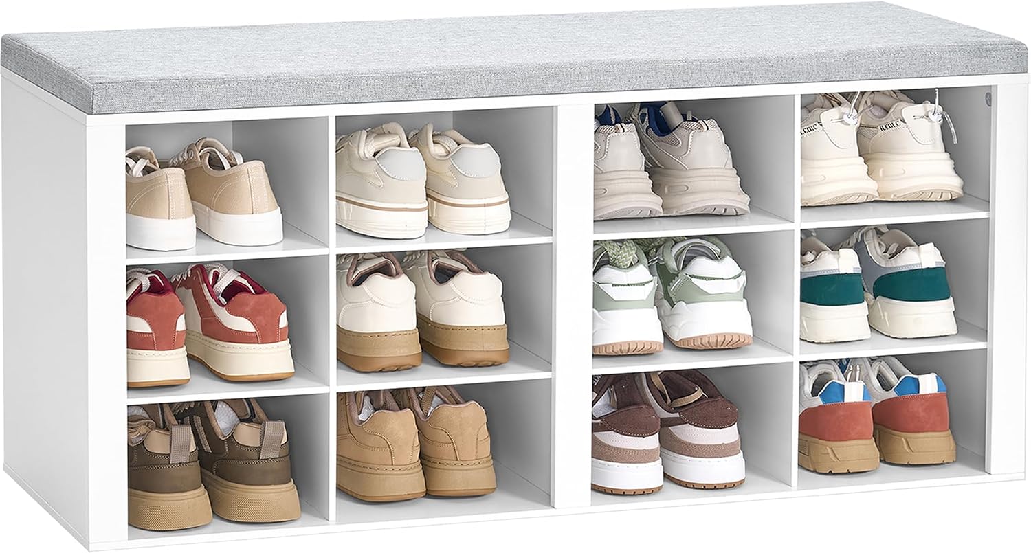 White 12 Cubby Cushioned Shoe Bench