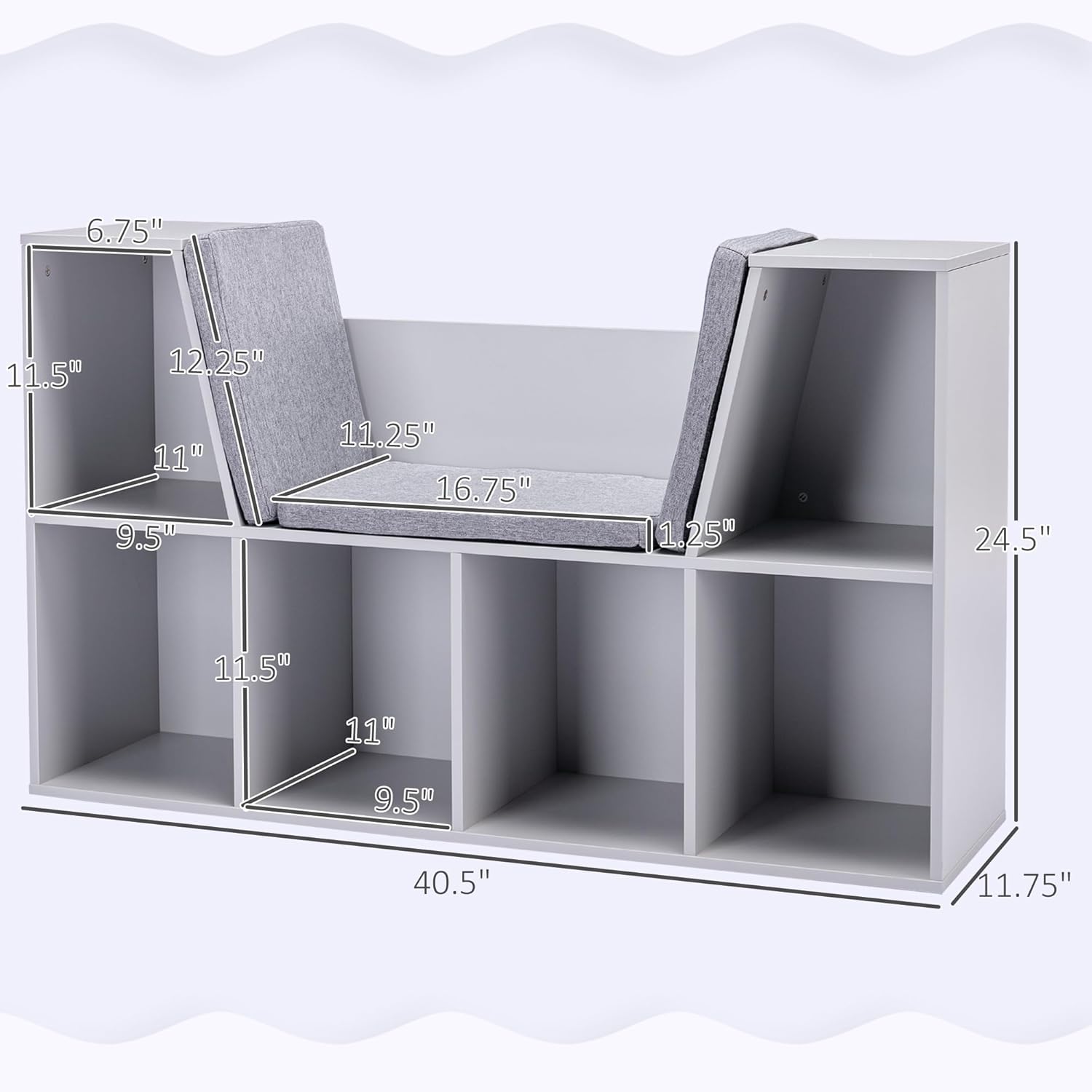 Grey Cushioned 6 Cubby Kids Bookcase