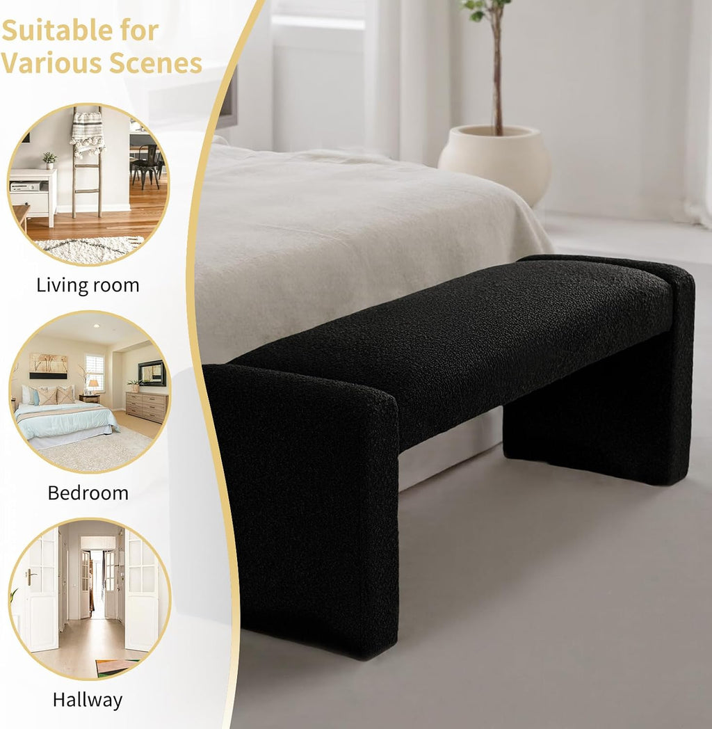 Black Boucle Wood Frame Entry Bench