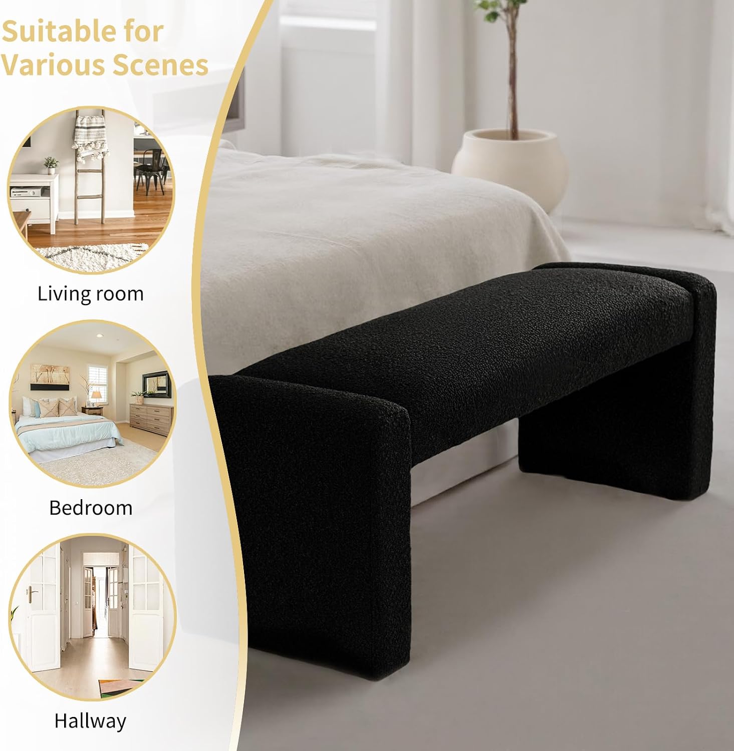 Black Boucle Wood Frame Entry Bench