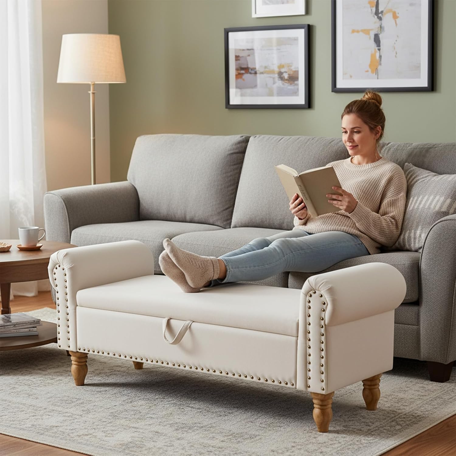Dark Grey Corduroy Storage Bench