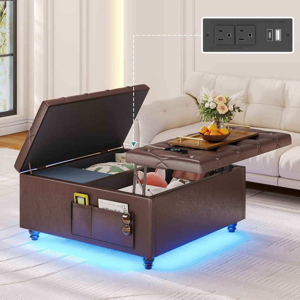 Brown LED Charging Velvet Storage Ottoman