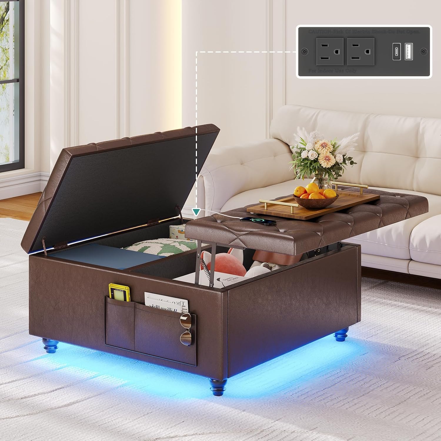 Brown LED Charging Velvet Storage Ottoman