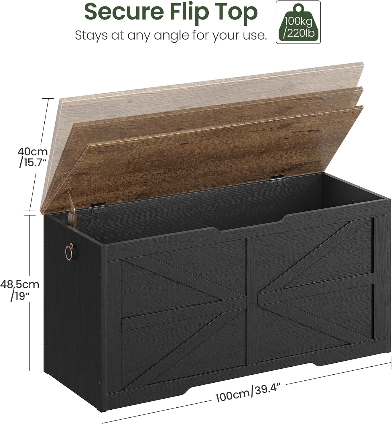 Walnut Black Farmhouse Safety Hinge Storage Bench