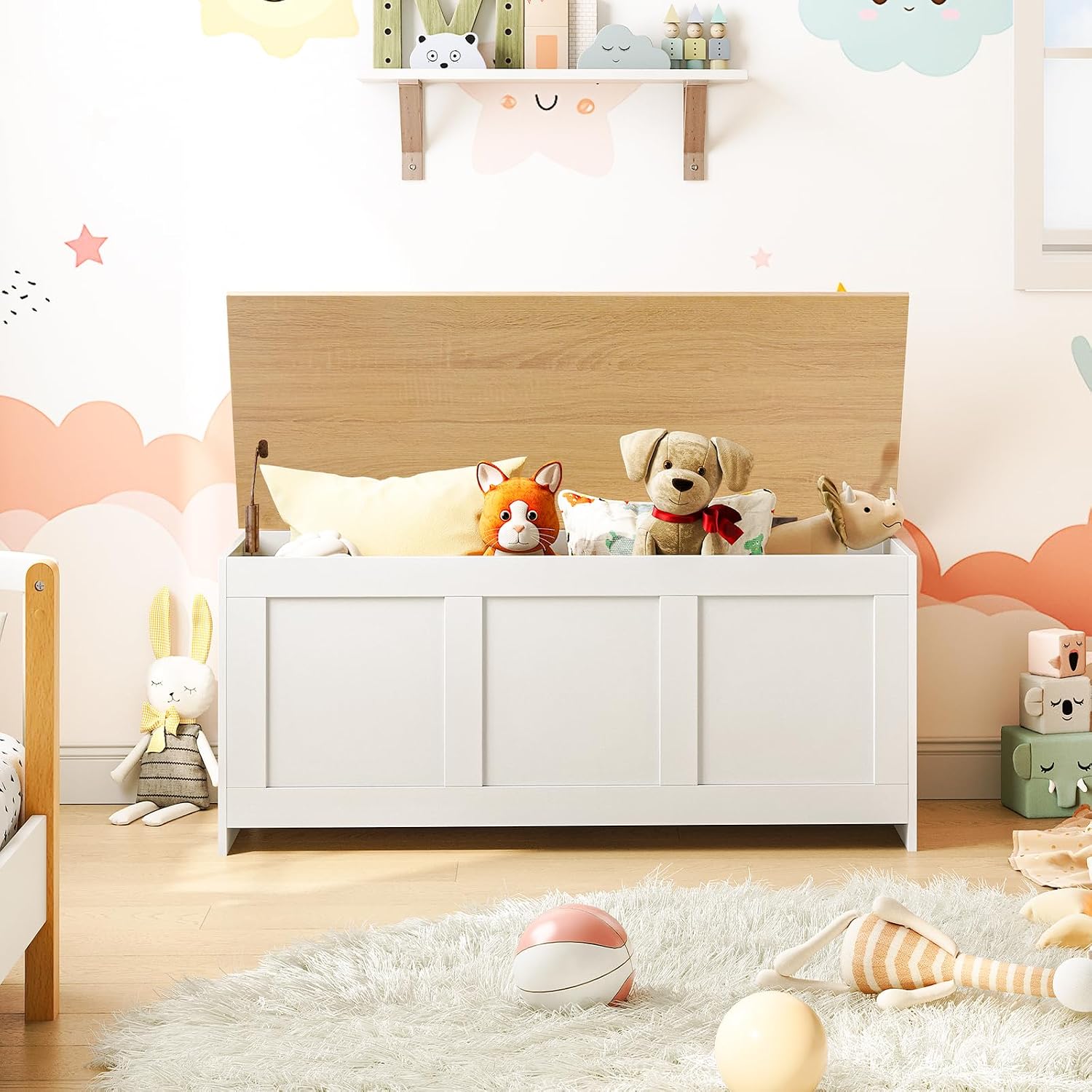 White Natural Lift Top Retro Wooden Storage Bench