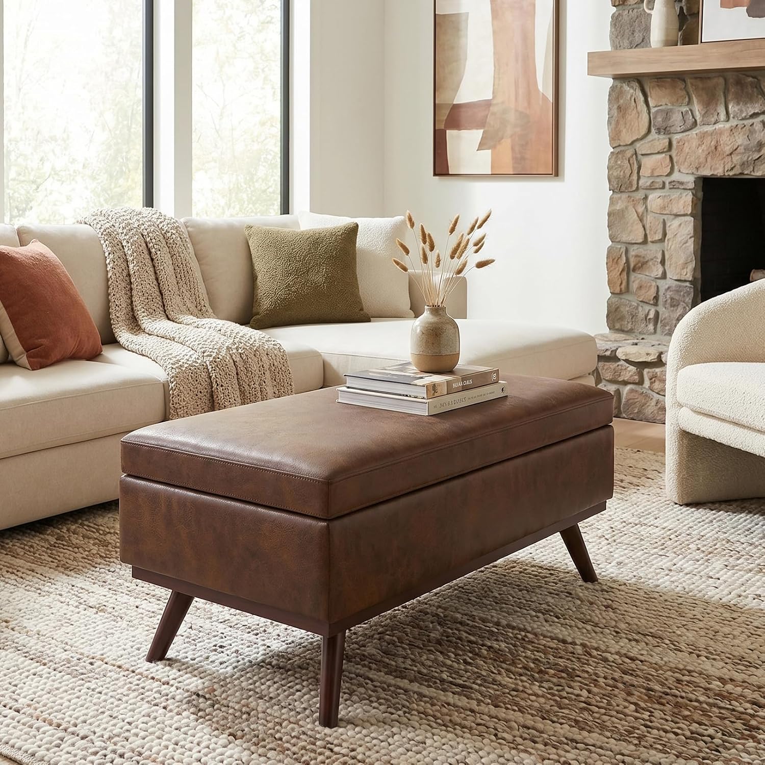 Chestnut Leather Rectangular Storage Ottoman
