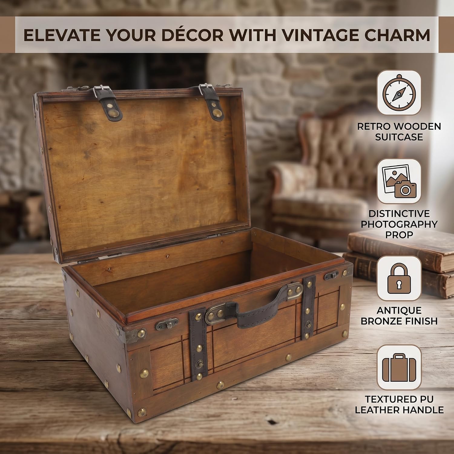 Rustic Vintage Handle Wooden Storage Chest Bench