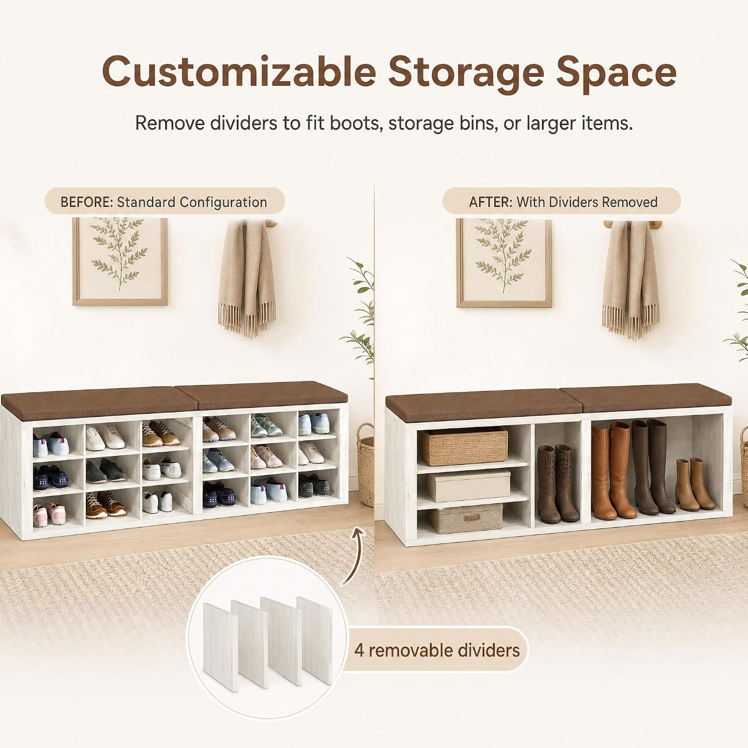 White Brown Linen 18 Cubby Cushioned Shoe Bench