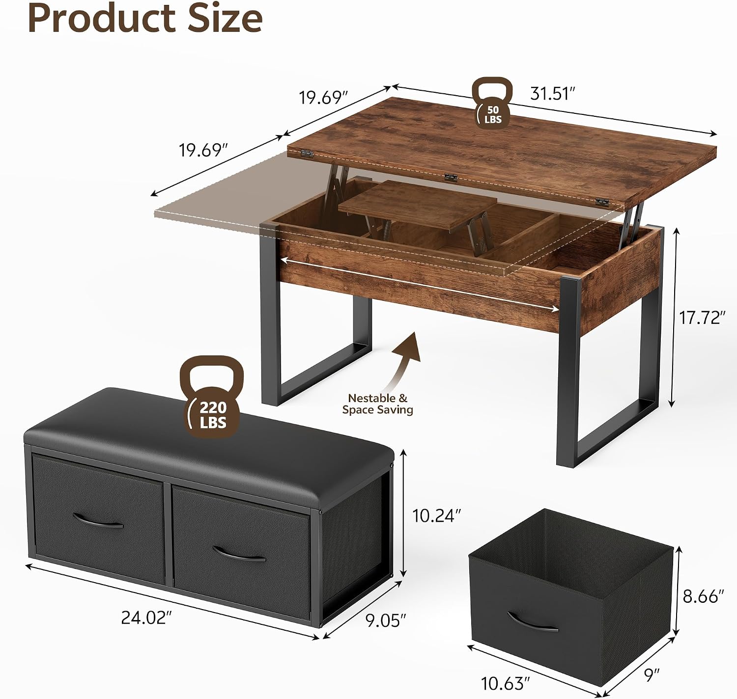 Rustic Brown Dual Lift Storage Table Set