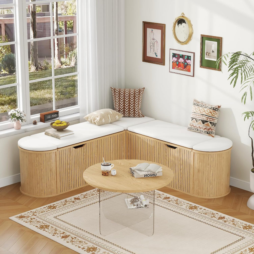 Oak L Shaped Cushioned Storage Bench