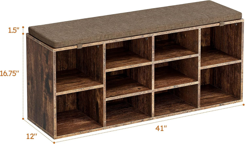Brown 10 Cubby Cushioned Shoe Bench
