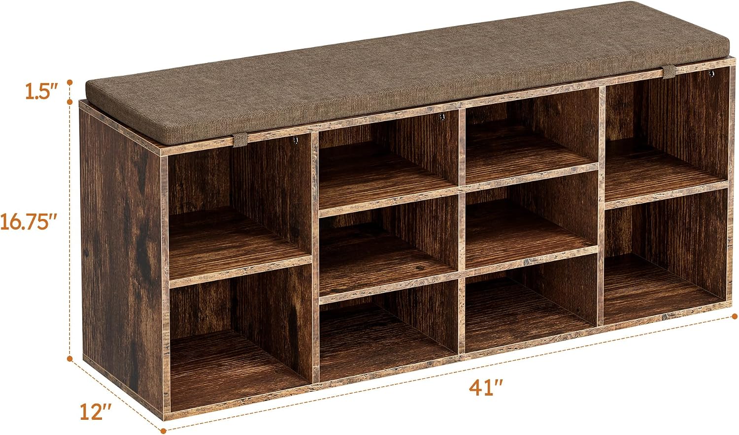 Brown 10 Cubby Cushioned Shoe Bench