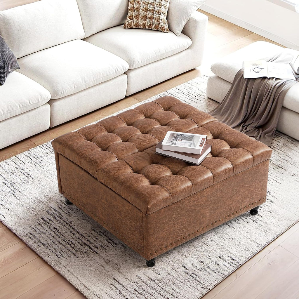 Brown Tufted Lift Top Storage Ottoman