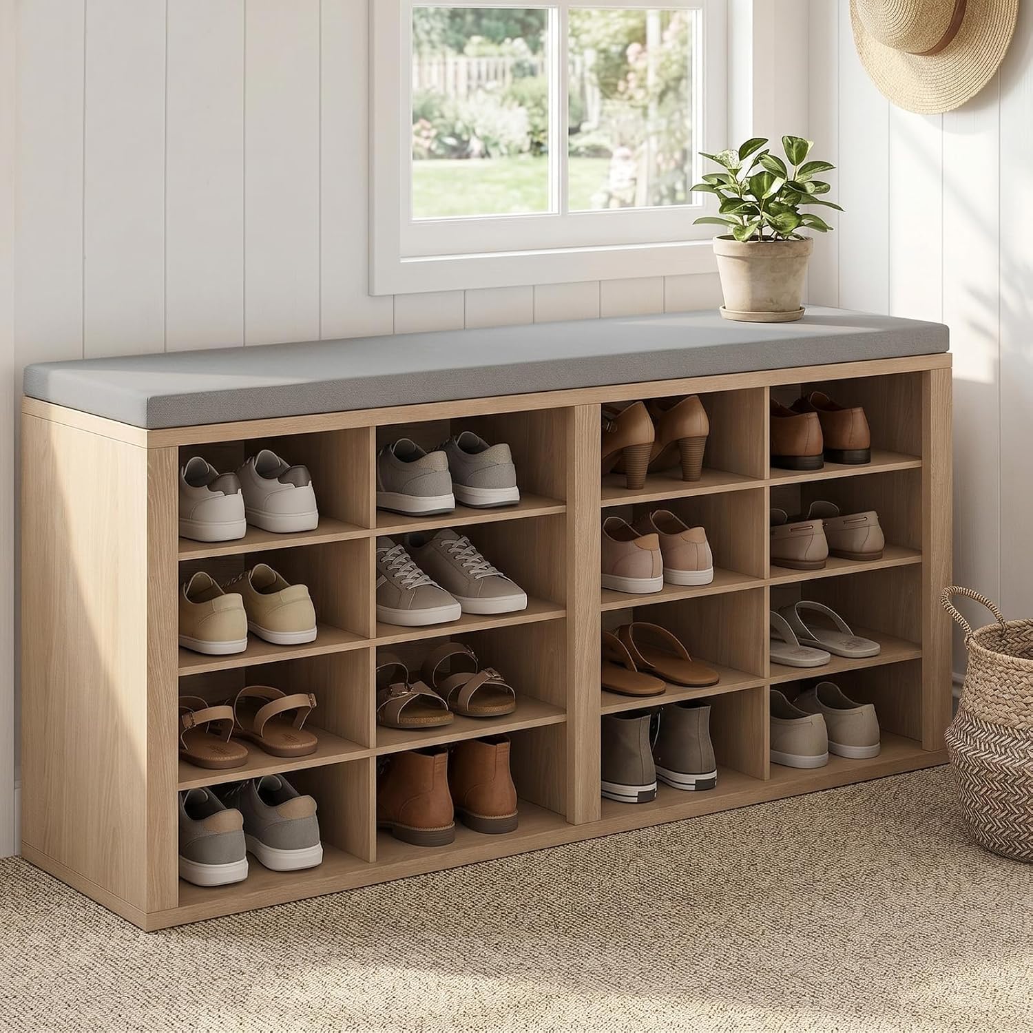 Cushioned 16 Cubby Shoe Storage Bench