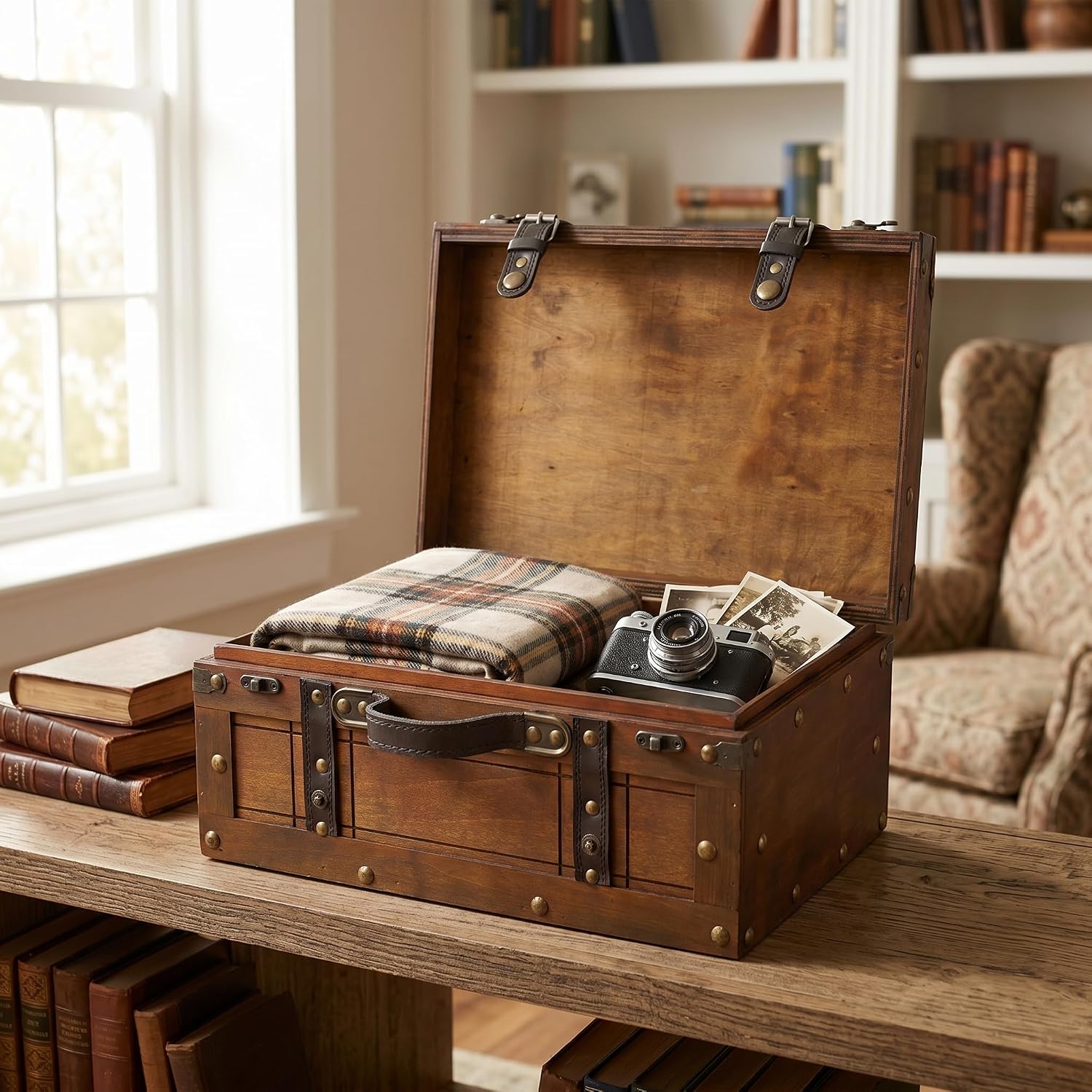 Rustic Vintage Handle Wooden Storage Chest Bench