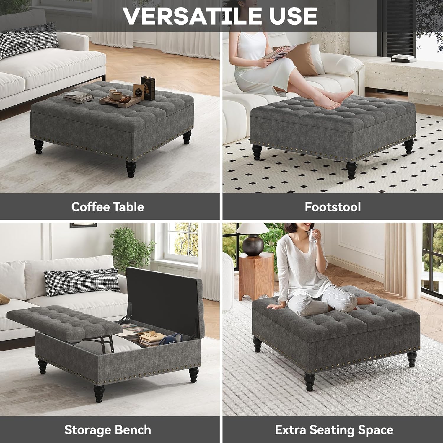 Gray Tufted Lift Top Storage Ottoman