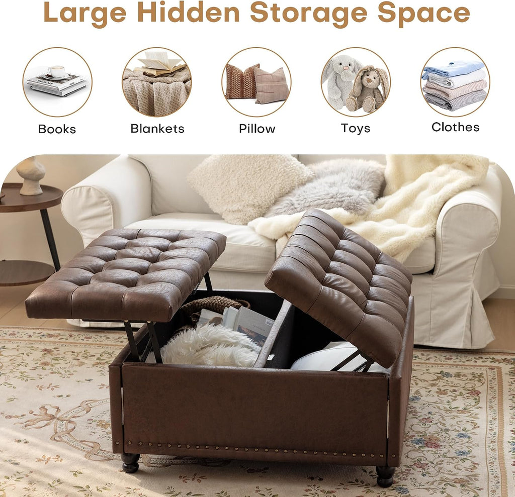 Dark Brown Faux Leather Storage Ottoman