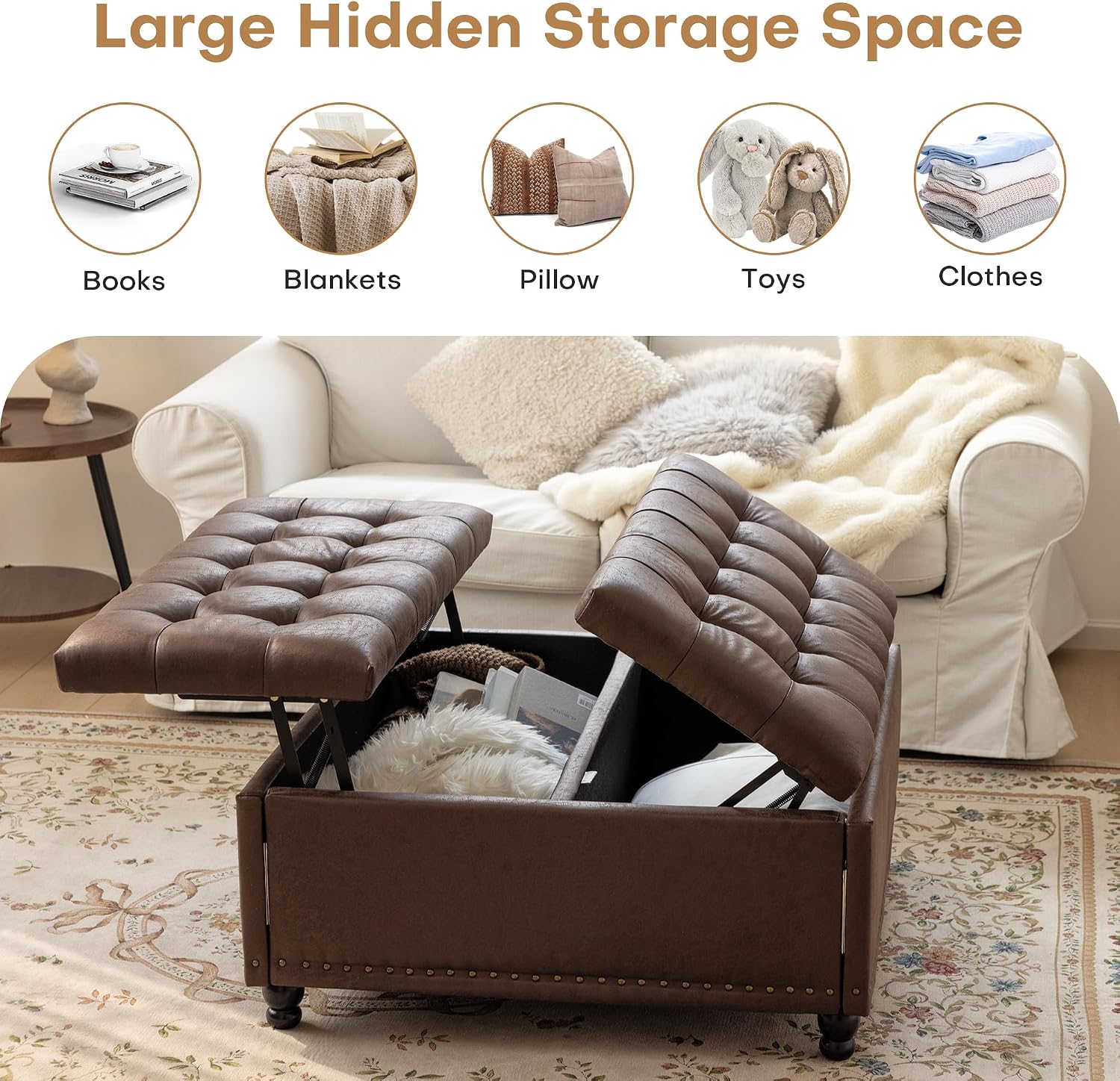 Dark Brown Faux Leather Storage Ottoman