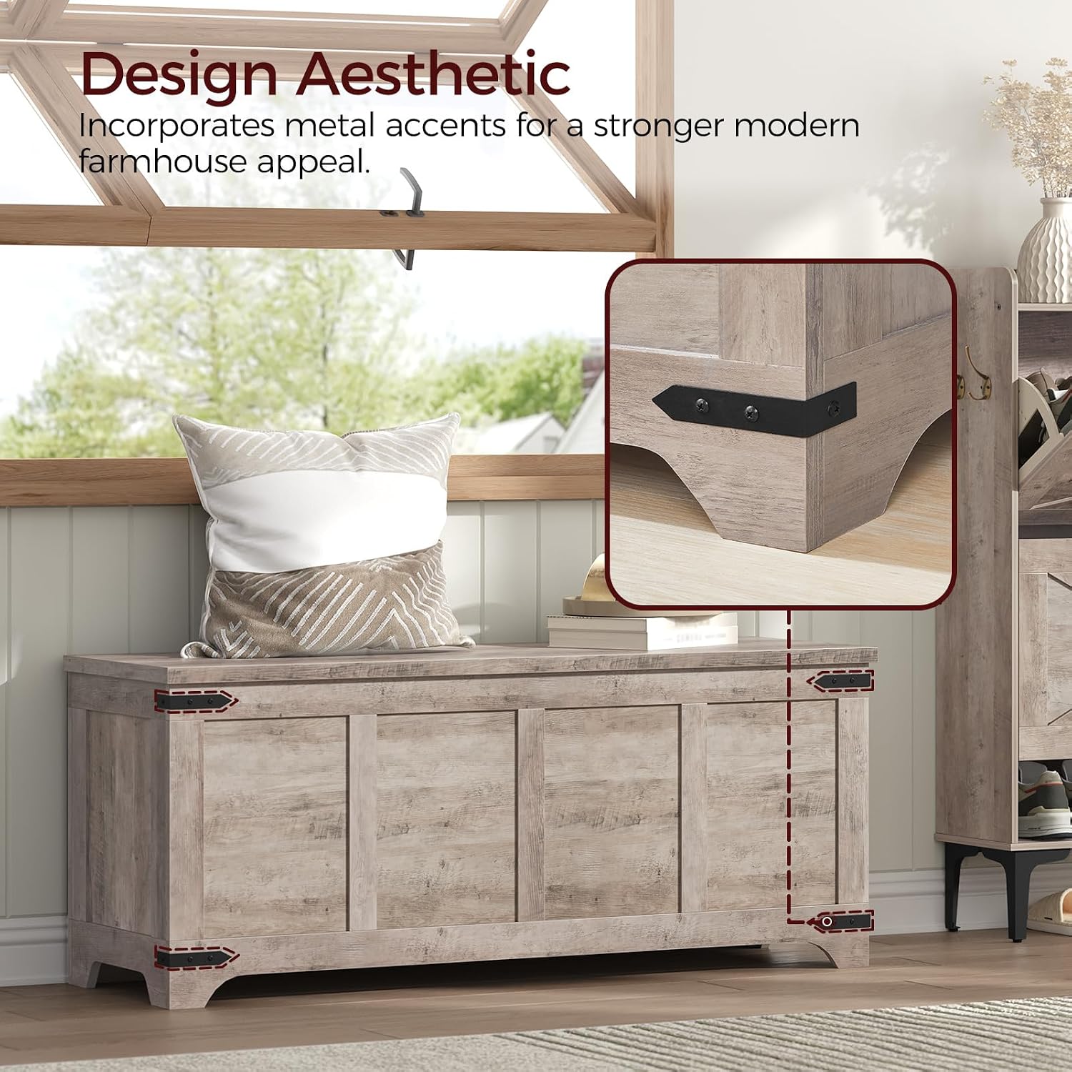 Greige Flip Top Safety Hinge Storage Bench