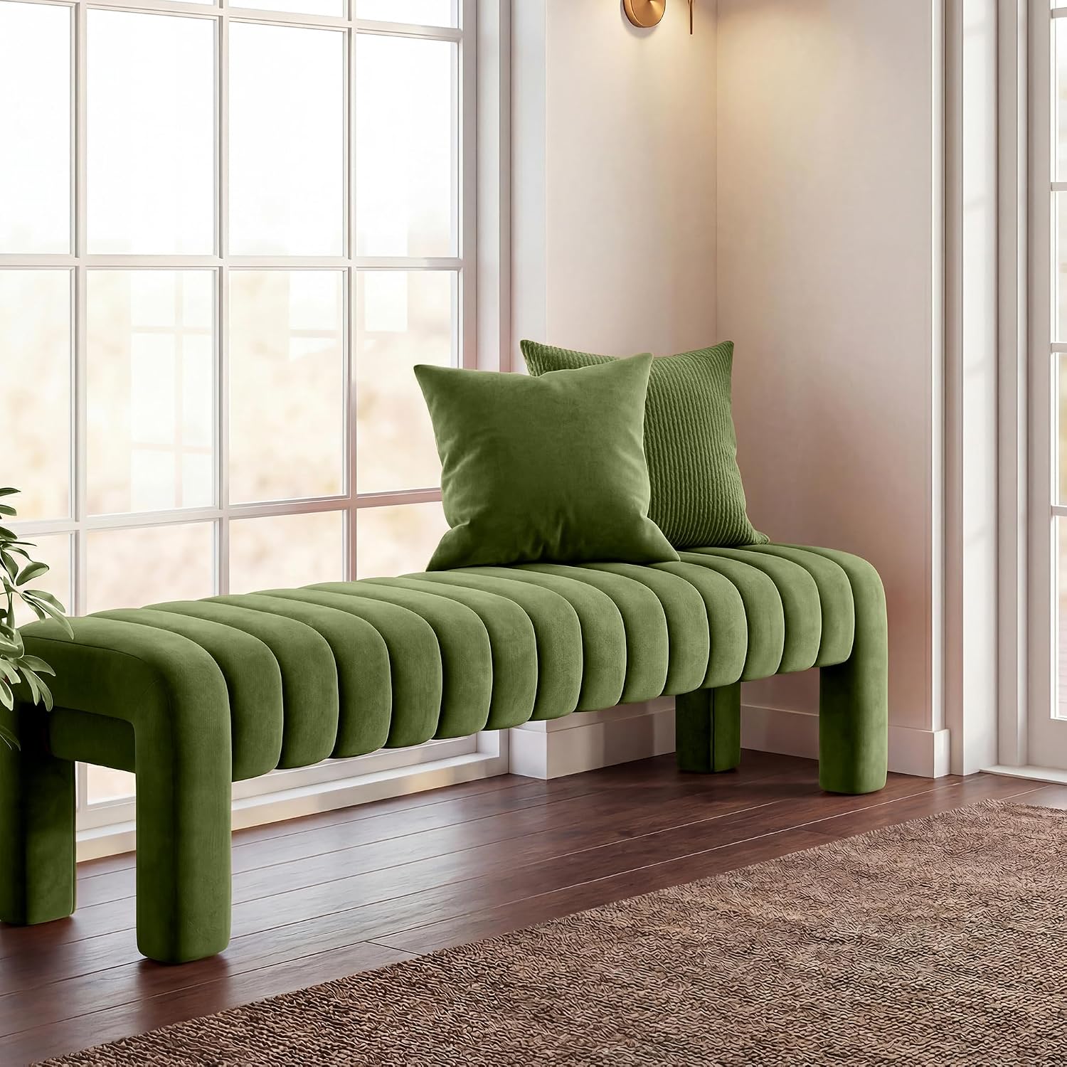Olive Velvet Tufted Wood Leg Bench