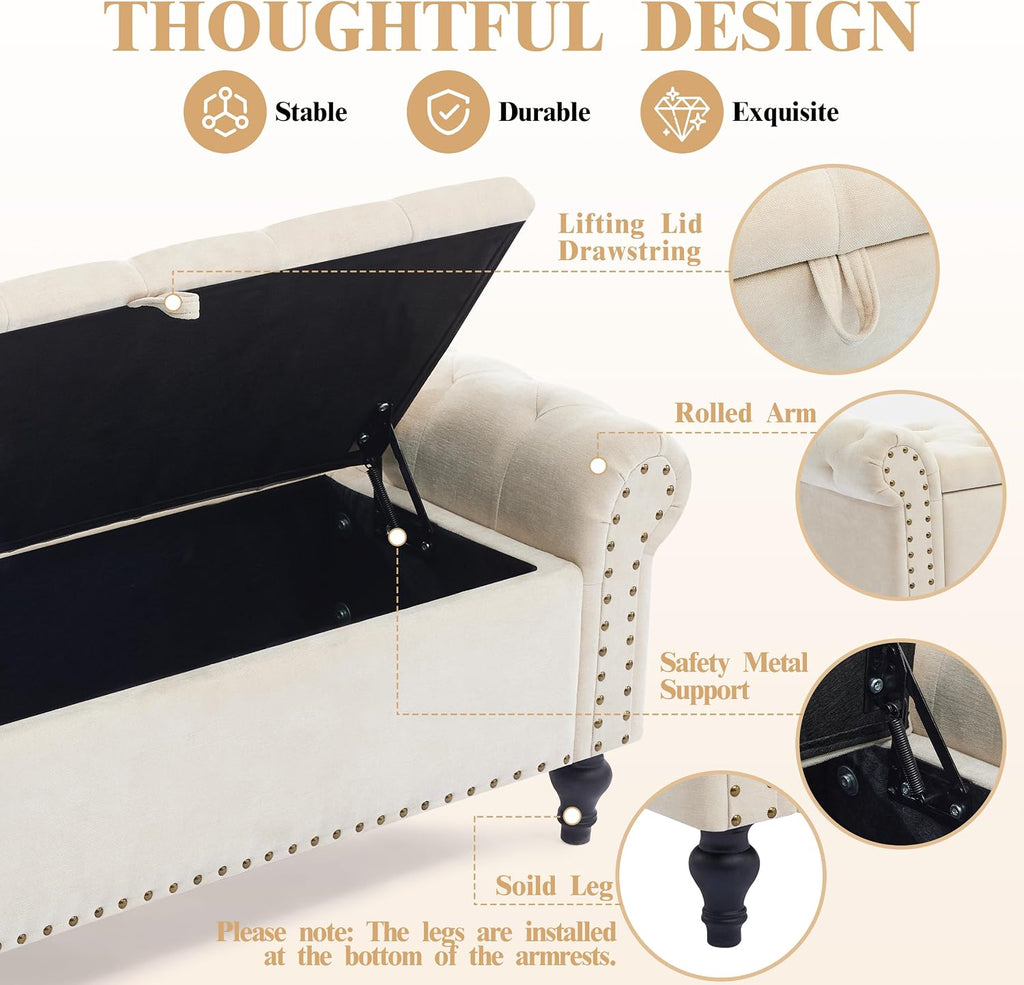 Beige Chenille Storage Ottoman Bench
