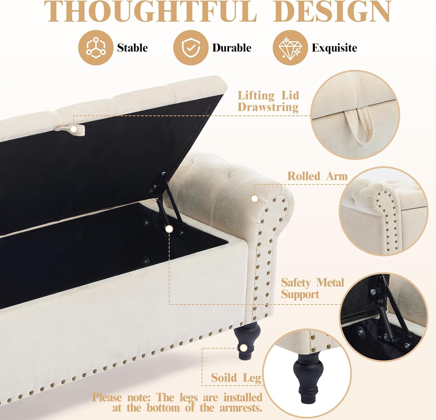 Beige Chenille Storage Ottoman Bench