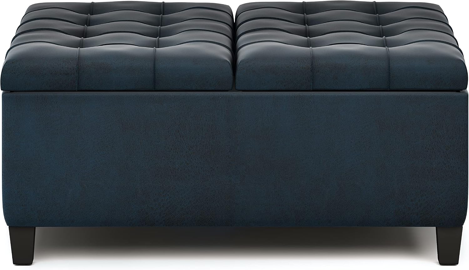 Dark Blue Leather Lift Top Storage Ottoman