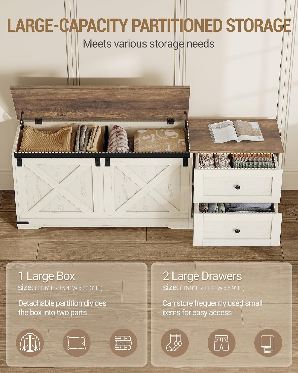 Antique White Barn Door Drawer Storage Bench