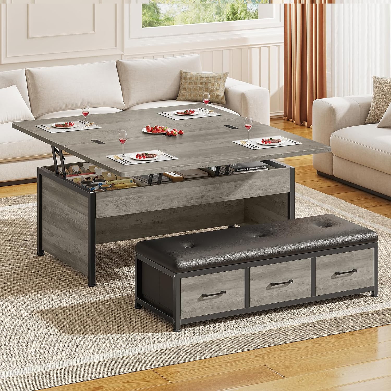 Grey Storage Coffee Table Ottoman Set