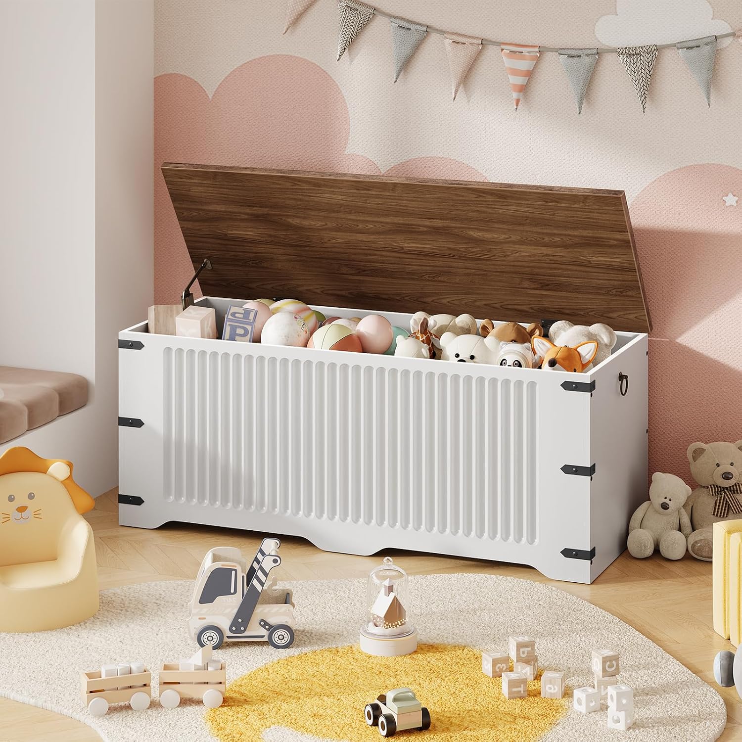 White Walnut Farmhouse Safety Hinge Toy Storage Bench