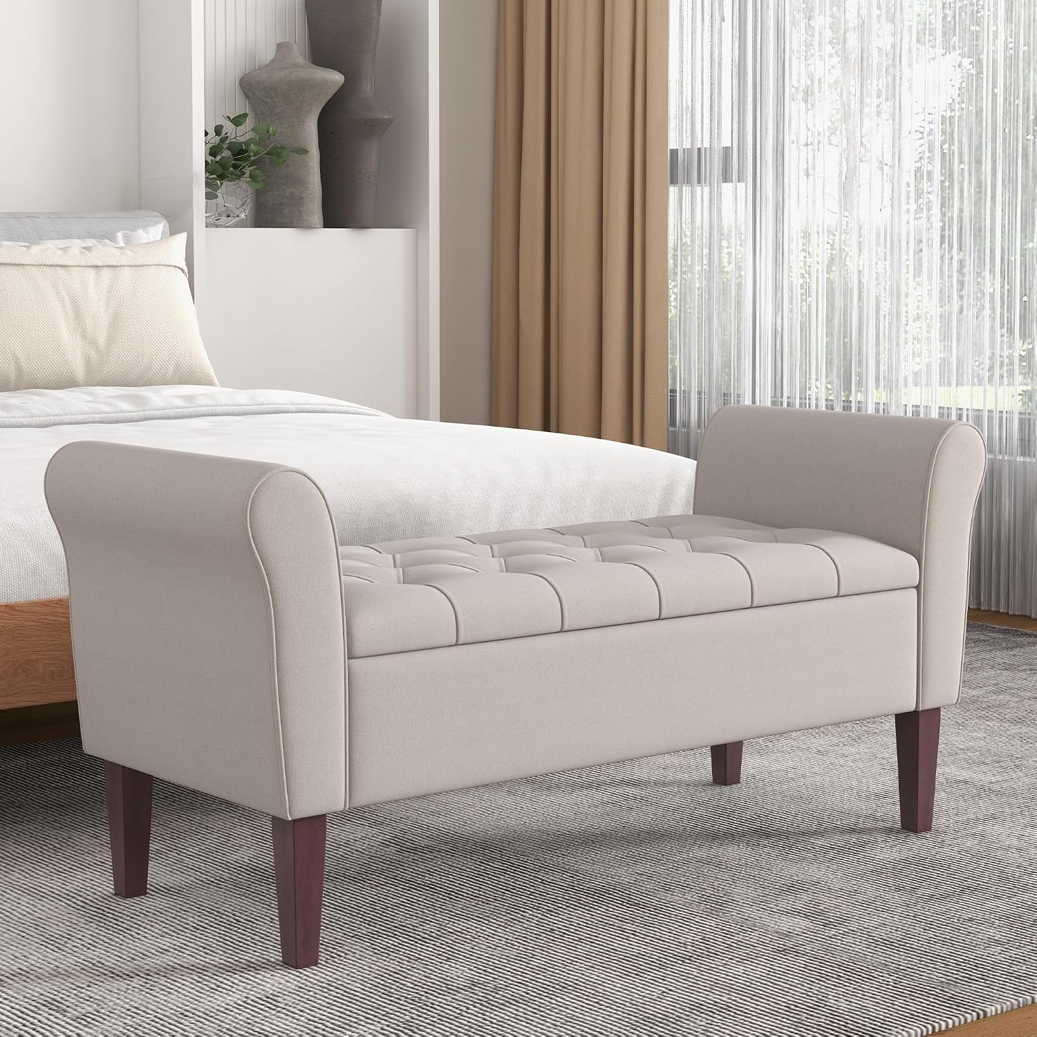 Light Grey Wooden Leg Storage Ottoman